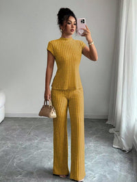 Solid-color Short-sleeve Top And Ribbed Casual Pants Set