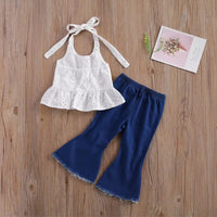 Girls' Sling Sleeveless Hollow Vest Two-Piece Loose Flared Trousers With Slits