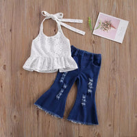 Girls' Sling Sleeveless Hollow Vest Two-Piece Loose Flared Trousers With Slits