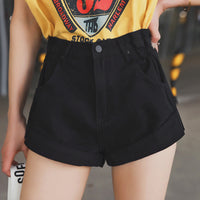 High Waist Denim Shorts Women'S Elastic Waist Waist Cuffed Wide Leg Pants Shorts Loose