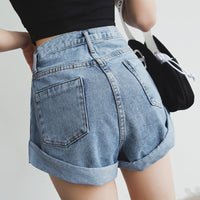 High Waist Denim Shorts Women'S Elastic Waist Waist Cuffed Wide Leg Pants Shorts Loose