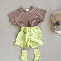 Contrasting Color Blouse And Pants Suit For Men And Women With Short Sleeves