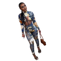 Retro Print Sexy Bikini Hollow Stand Collar Jumpsuit