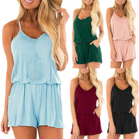 V-neck Sling Solid Color Pocket Jumpsuit Women's Shorts