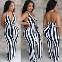 Halter Back Striped Flared Jumpsuit With Belt