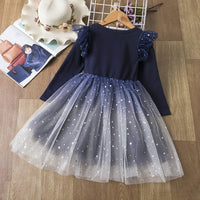 Gradient Starry Sky Mesh Long-Sleeved Princess Dress