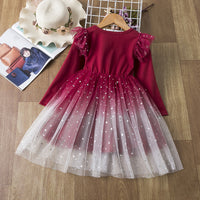 Gradient Starry Sky Mesh Long-Sleeved Princess Dress