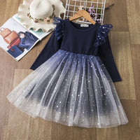 Gradient Starry Sky Mesh Long-Sleeved Princess Dress