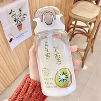 Cute Pop Lid Fruit Series Glass Water Cup Transparent Lid Anti-Choking Straw Water Bottle Students Handy Milk Water Bottle