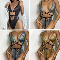 Women's Backless Sleeveless European And American PU Leather Lace-up Swimsuit