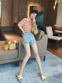 Beaded Denim Shorts Women's Thin High-waisted Wide-leg Hot Pants