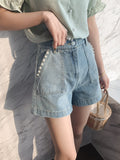 Beaded Denim Shorts Women's Thin High-waisted Wide-leg Hot Pants