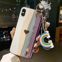Apple 12 Mobile Phone Case Gradient Color Rainbow Love Wrist Support With Pendant Protective Cover