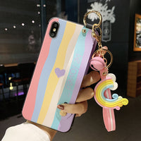 Apple 12 Mobile Phone Case Gradient Color Rainbow Love Wrist Support With Pendant Protective Cover