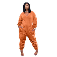 Pure Color V-neck Long-sleeved Trousers Casual Jumpsuit