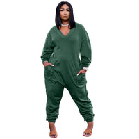 Pure Color V-neck Long-sleeved Trousers Casual Jumpsuit