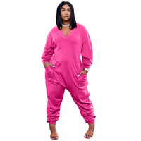 Pure Color V-neck Long-sleeved Trousers Casual Jumpsuit