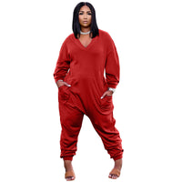 Pure Color V-neck Long-sleeved Trousers Casual Jumpsuit