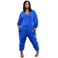 Pure Color V-neck Long-sleeved Trousers Casual Jumpsuit