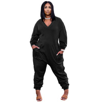 Pure Color V-neck Long-sleeved Trousers Casual Jumpsuit
