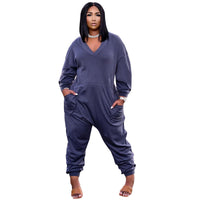 Pure Color V-neck Long-sleeved Trousers Casual Jumpsuit
