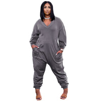 Pure Color V-neck Long-sleeved Trousers Casual Jumpsuit