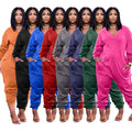 Pure Color V-neck Long-sleeved Trousers Casual Jumpsuit