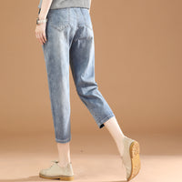 Elastic Waist Embroidery Cropped Jeans Women Summer Thin Section