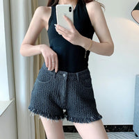 Women's Irregular Frayed Denim Short Low Waist Knitted Denim Hot Pants