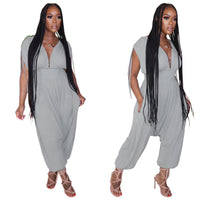 Women's Solid Color Waist Deep V Loose Jumpsuit