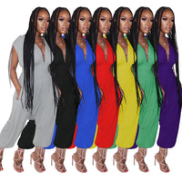 Women's Solid Color Waist Deep V Loose Jumpsuit