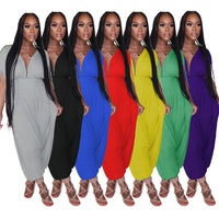 Women's Solid Color Waist Deep V Loose Jumpsuit