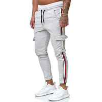 New Style Men's Drawstring Knee Pocket Design Striped Sports Trousers Casual Pants