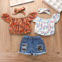 Printed Pullover Denim Shorts Suit European And American Summer Three-piece Children's Clothing Girls Hot Pants Suit