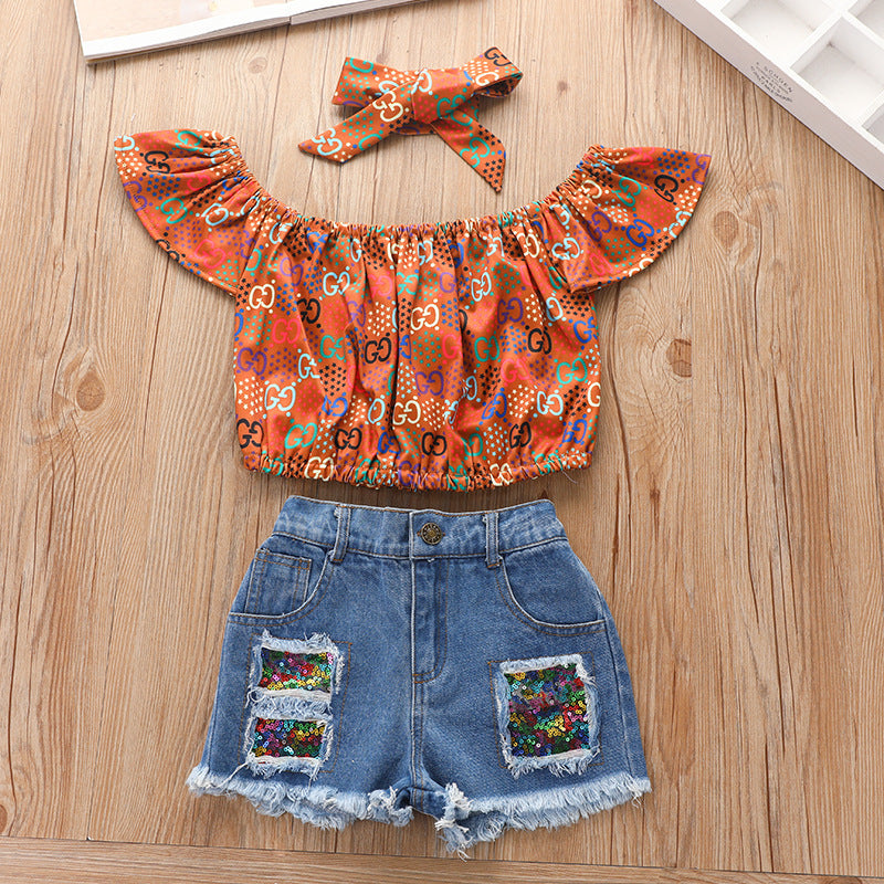 Printed Pullover Denim Shorts Suit European And American Summer Three-piece Children's Clothing Girls Hot Pants Suit