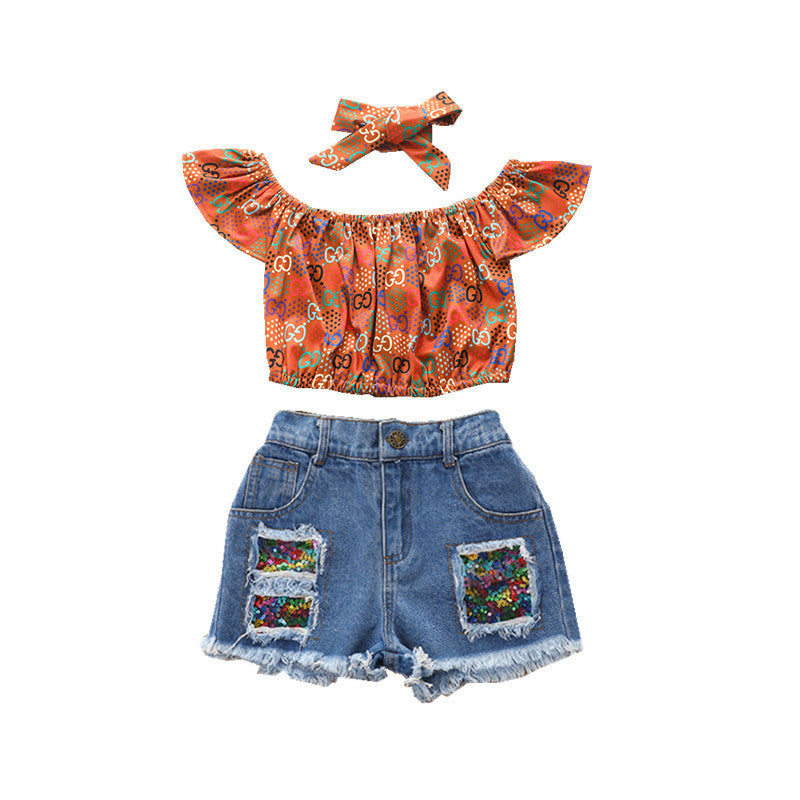 Printed Pullover Denim Shorts Suit European And American Summer Three-piece Children's Clothing Girls Hot Pants Suit