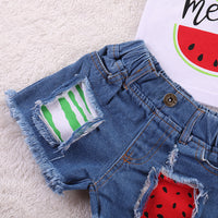 Baby Letter Watermelon Print Hole Denim Two-piece Suit