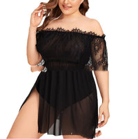 Black Lace Semi-permeable Large Size Fat Woman Off-the-shoulder Nightdress