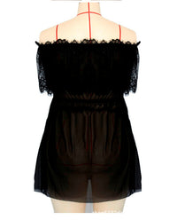 Black Lace Semi-permeable Large Size Fat Woman Off-the-shoulder Nightdress