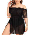Black Lace Semi-permeable Large Size Fat Woman Off-the-shoulder Nightdress