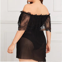 Black Lace Semi-permeable Large Size Fat Woman Off-the-shoulder Nightdress