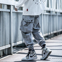 Loose Large Pockets Color Matching Pants Waist Belt Drawstring Pants