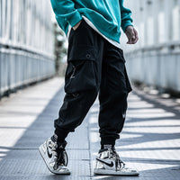 Loose Large Pockets Color Matching Pants Waist Belt Drawstring Pants