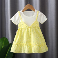 Girls' Dress Summer Style Fashion Round Neck Fake Two-piece Suspender Skirt