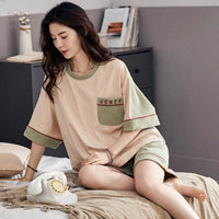 Pajamas Women Summer Pure Cotton Short-sleeved Shorts Round Neck Pullover