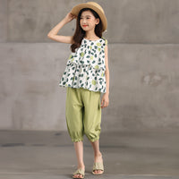 Girls' Cropped Trousers Suit Floral Two-piece Suit
