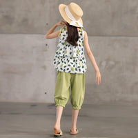 Girls' Cropped Trousers Suit Floral Two-piece Suit
