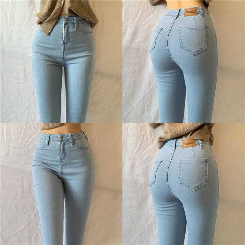 Large Size High Waist Peach Hip Stretch Light Blue Denim Trousers