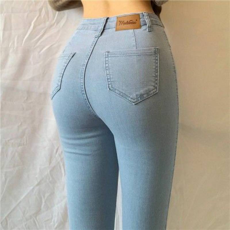 Large Size High Waist Peach Hip Stretch Light Blue Denim Trousers