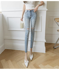 Light Color Retro Hole Beaded High Waist Cropped Pencil Pants